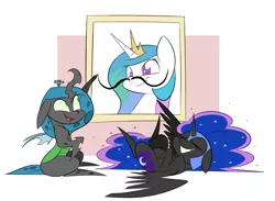 Size: 3541x2585 | Tagged: safe, derpibooru import, nightmare moon, princess celestia, queen chrysalis, alicorn, changeling, changeling queen, nymph, pony, bust, chibi, crown, cute, cutealis, cutelestia, duo, duo female, eyes closed, facial hair, female, helmet, i can't believe it's not fluttershythekind, jewelry, laughing, marker, moonabetes, moustache, portrait, pure unfiltered evil, regalia, simple background, smiling, style emulation, vandalism, wall, white background, you monster