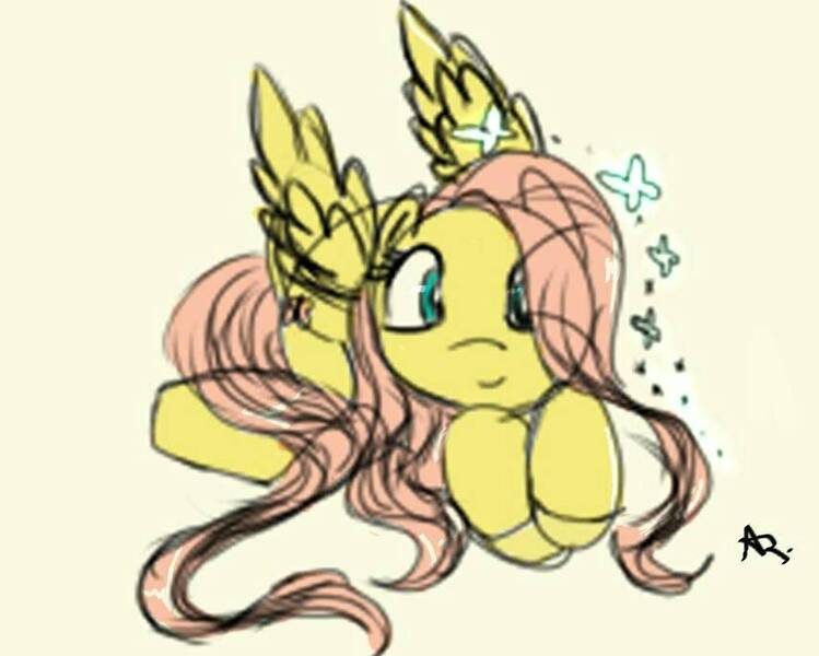 Size: 855x685 | Tagged: safe, artist:stacy-chan4eva, derpibooru import, fluttershy, pony, colored sketch, hair over one eye, looking at you, prone, simple background, sketch, solo