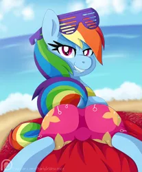 Size: 1381x1670 | Tagged: suggestive, artist:pearlyiridescence, derpibooru import, rainbow dash, pegasus, pony, beach, clothes, dock, female, grin, looking at you, looking back, ocean, patreon, patreon logo, plot, rainbutt dash, sand, shutter shades, smiling, solo, solo female, swimsuit, towel, winter swimsuit