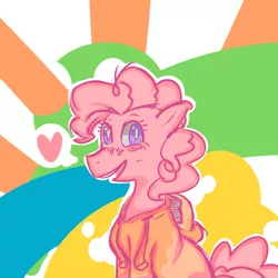 Size: 1300x1300 | Tagged: safe, artist:jodi sli, derpibooru import, pinkie pie, pony, abstract background, clothes, happy, solo