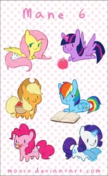 Size: 442x716 | Tagged: safe, artist:mousu, derpibooru import, angel bunny, applejack, fluttershy, pinkie pie, rainbow dash, rarity, twilight sparkle, twilight sparkle (alicorn), alicorn, earth pony, pegasus, pony, unicorn, apple, book, chibi, clothes, cupcake, food, mane six, rainbow cupcake, scarf