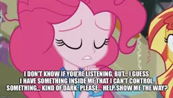 Size: 887x500 | Tagged: safe, derpibooru import, edit, edited screencap, screencap, pinkie pie, sunset shimmer, equestria girls, friendship games, image macro, meme, pinkie pie praying, praying, south park, stan marsh, this will end in possession