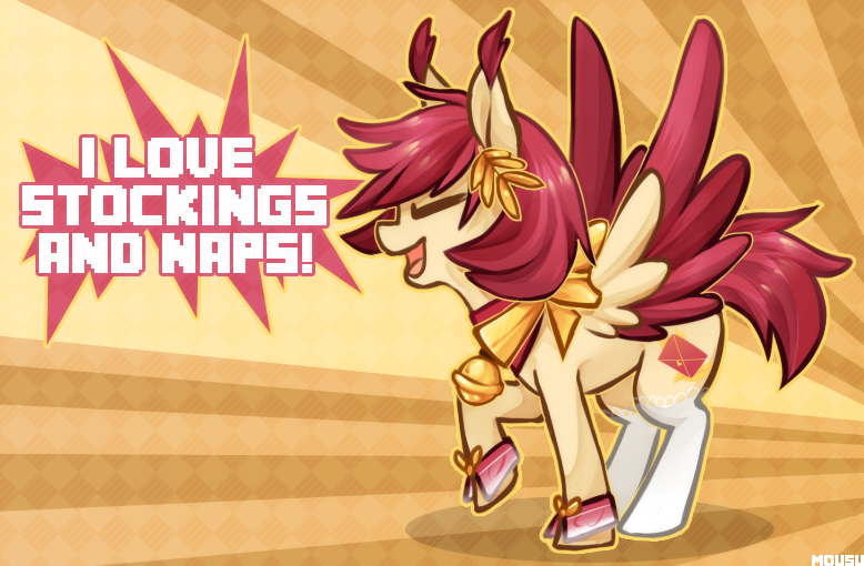 Size: 778x510 | Tagged: safe, artist:mousu, derpibooru import, oc, unofficial characters only, pegasus, pony, bell, clothes, dialogue, eyes closed, open mouth, raised hoof, screaming, smiling, solo, spread wings, stockings, thigh highs, wings, yelling