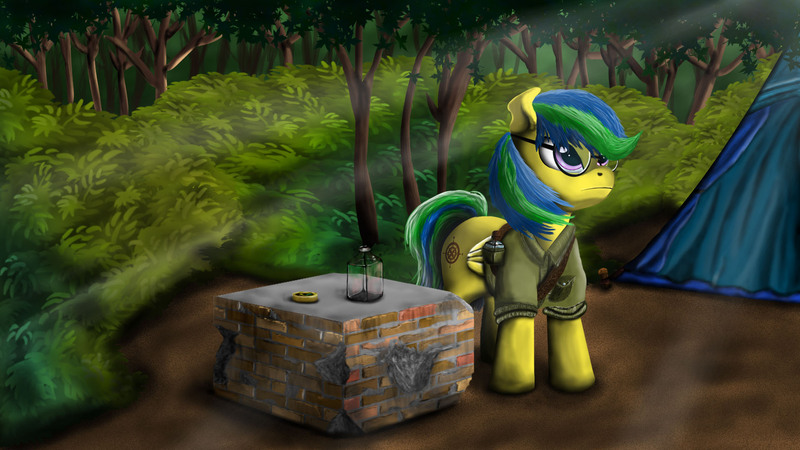 Size: 1920x1080 | Tagged: safe, artist:leonkay, derpibooru import, oc, oc:compass, unofficial characters only, pony, camping, clothes, forest, glasses, scenery, solo