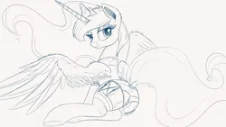 Size: 2000x1125 | Tagged: suggestive, artist:raps, derpibooru import, princess luna, alicorn, pony, bedroom eyes, clothes, dock, female, garter belt, lingerie, looking at you, lying down, mare, monochrome, moonbutt, praise the moon, simple background, sketch, smiling, solo, solo female