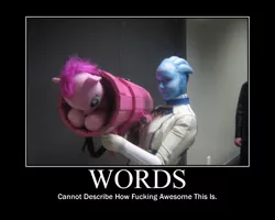 Size: 750x600 | Tagged: alien, artist:pikachubuneary, asari, clothes, cosplay, costume, derpibooru import, edit, human, irl, liara t'soni, mass effect, motivational poster, photo, pinkie launcher, pinkie pie, plushie, pony cannonball, rocket launcher, safe, vulgar, wat