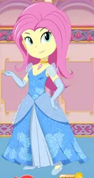 Size: 876x1656 | Tagged: safe, artist:unicornsmile, derpibooru import, fluttershy, equestria girls, barely eqg related, cinderella, cindershy, clothes, crossover, cute, disney, dress, evening gloves, glass slipper (footwear), glass slippers, gloves, jewelry, long gloves, looking at you, necklace, shyabetes, smiling, solo