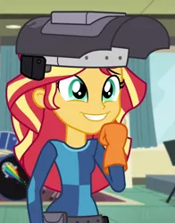 Size: 565x719 | Tagged: safe, derpibooru import, screencap, sunset shimmer, equestria girls, friendship games, clothes, cropped, cute, drum kit, drums, gloves, logo, musical instrument, shimmerbetes, smiling, solo, sunset welder, welding mask