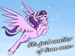 Size: 2000x1500 | Tagged: safe, artist:pandramodo, derpibooru import, starlight glimmer, alicorn, pony, alicornified, cute, drama, drama bait, everything is ruined, female, flying, glimmerbetes, gradient background, grammar error, heart, hilarious in hindsight, jewelry, lidded eyes, looking at you, mare, no pupils, princess, race swap, smiling, solo, spread wings, starlicorn, starlicorn drama, starlight drama, tiara, wings, xk-class end-of-the-world scenario