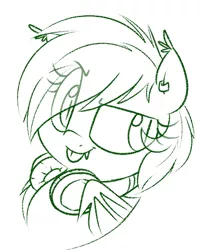 Size: 532x659 | Tagged: safe, artist:notenoughapples, derpibooru import, oc, oc:ignic rhythm, unofficial characters only, bat pony, pony, bat pony oc, bust, headphones, monochrome, piercing, portrait, solo, tongue out