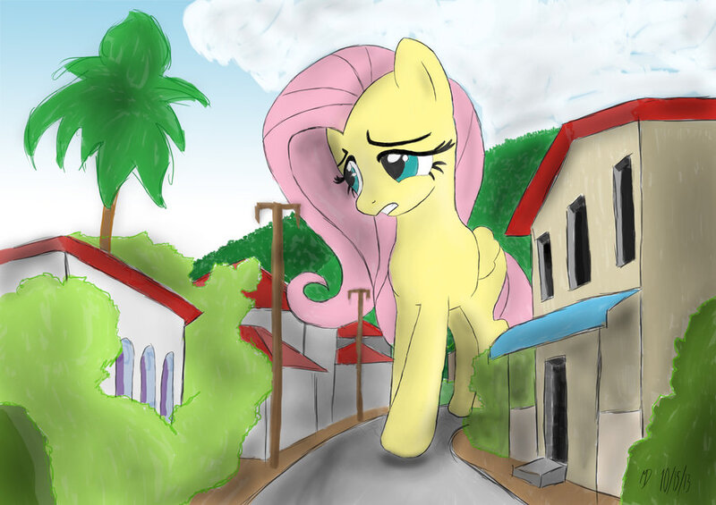 Size: 900x636 | Tagged: safe, artist:made-in-donuts, derpibooru import, fluttershy, pegasus, pony, building, female, giant pony, macro, mare, solo