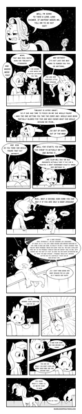 Size: 2024x10205 | Tagged: safe, artist:raph13th, derpibooru import, spike, starlight glimmer, trixie, dragon, pony, unicorn, comic:glim glam and pals, absurd resolution, black and white, comic, deep lore, dialogue, female, grayscale, license, male, mare, monochrome, tongue out, tumblr