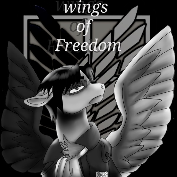 Size: 1550x1550 | Tagged: safe, artist:brainiac, derpibooru import, pony, attack on titan, black and white, chest fluff, clothes, crossover, floppy ears, grayscale, levi ackerman, male, monochrome, solo, stallion, survey corps, text, wings of freedom