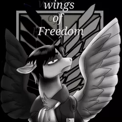 Size: 1550x1550 | Tagged: safe, artist:brainiac, derpibooru import, pony, attack on titan, black and white, chest fluff, clothes, crossover, floppy ears, grayscale, levi ackerman, male, monochrome, solo, stallion, survey corps, text, wings of freedom