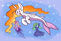 Size: 1280x853 | Tagged: safe, artist:heir-of-rick, derpibooru import, princess celestia, princess luna, twilight sparkle, twilight sparkle (alicorn), alicorn, jellyfish, merpony, octopus, pony, shark, alternate hairstyle, cecaelia, monster mare, sealestia, seaponified, seapony celestia, species swap