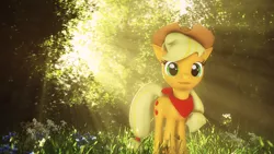 Size: 2560x1440 | Tagged: safe, artist:melodycloud14, derpibooru import, applejack, earth pony, pony, 3d, applejack's hat, bandana, cowboy hat, crepuscular rays, female, forest, hair tie, hair ties, hat, looking at you, mare, neckerchief, scenery, smiling at you, solo