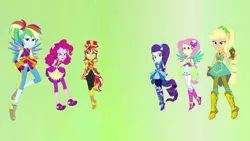 Size: 1280x720 | Tagged: safe, derpibooru import, screencap, applejack, fluttershy, pinkie pie, rainbow dash, rarity, sunset shimmer, equestria girls, legend of everfree, abstract background, balloon, boots, chains, clothes, crystal wings, cute, gloves, hands behind back, high heel boots, humane five, jewelry, lidded eyes, mane six, ponied up, pony ears, ponytail, shoes, sneakers, sparkles, sun, super ponied up, wings
