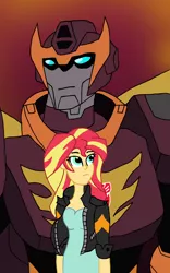 Size: 2000x3207 | Tagged: safe, artist:edcom02, derpibooru import, sunset shimmer, robot, equestria girls, autobot, crossover, duo, hot rod, rodimus prime, transformers, transformers animated