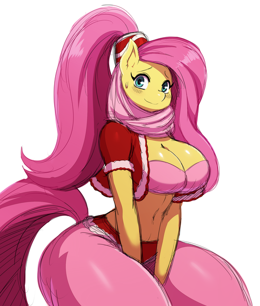 Size: 1757x2073 | Tagged: suggestive, artist:ss2sonic, derpibooru import, fluttershy, anthro, genie, genie pony, pegasus, alternate hairstyle, belly button, belly dancer, big breasts, breasts, busty fluttershy, cleavage, clothes, crossover, female, harem outfit, i dream of jeannie, image, jeannie, kneeling, looking at you, mare, midriff, png, scarf, simple background, solo, solo female, white background