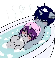 Size: 1280x1359 | Tagged: safe, artist:wickedsilly, derpibooru import, oc, oc:sleepy head, oc:wicked silly, unofficial characters only, pony, unicorn, bath, bathtub, belly button, blushing, couple, cuddling, cute, eyes closed, female, heart, male, mare, oc x oc, ocbetes, ponysona, relaxing, shipping, simple background, smiling, soap, stallion, straight, towel, water, wickedsleepy