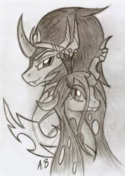 Size: 1184x1661 | Tagged: safe, artist:rossmaniteanzu, derpibooru import, king sombra, queen chrysalis, pony, antagonist, chrysombra, couple, female, male, shipping, straight, traditional art