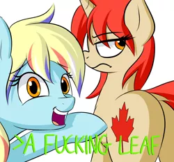 Size: 3200x3000 | Tagged: safe, artist:gsuus, derpibooru import, oc, oc:amber grain, oc:maple leaf, ponified, unofficial characters only, pony, unicorn, 4chan, a fucking leaf, amber and maple, canada, dock, female, greentext, implying, leaf, mare, nation ponies, open mouth, plot, pointing, simple background, text, unamused, vulgar, white background