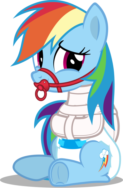 Size: 1969x3000 | Tagged: questionable, artist:applec1234, deleted from derpibooru, derpibooru import, rainbow dash, pony, bondage, diaper, diaper bondage, diaper fetish, diaper slave, pacifier gag, poofy diaper, simple background, smiling, solo, straitjacket, transparent background