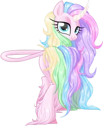 Size: 1024x1269 | Tagged: safe, artist:kellythedrawinguni, derpibooru import, oc, oc:aurora, unofficial characters only, classical unicorn, pony, unicorn, cloven hooves, curved horn, female, leonine tail, looking back, mare, simple background, solo, transparent background, unshorn fetlocks