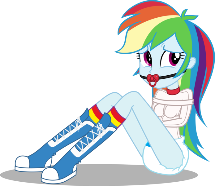 Size: 3476x3000 | Tagged: questionable, artist:applec1234, deleted from derpibooru, derpibooru import, rainbow dash, equestria girls, bondage, diaper, diaper bondage, diaper fetish, gag, pacifier gag, poofy diaper, simple background, smiling, solo, straitjacket, transparent background