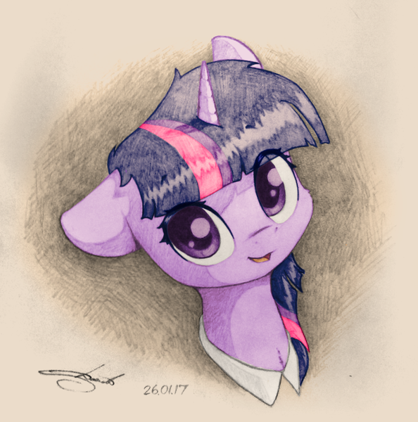 Size: 1024x1035 | Tagged: safe, artist:freeedon, artist:longren, color edit, derpibooru import, edit, twilight sparkle, pony, bust, colored, cute, female, floppy ears, fluffy, looking at you, mare, open mouth, portrait, smiling, solo, traditional art, twiabetes