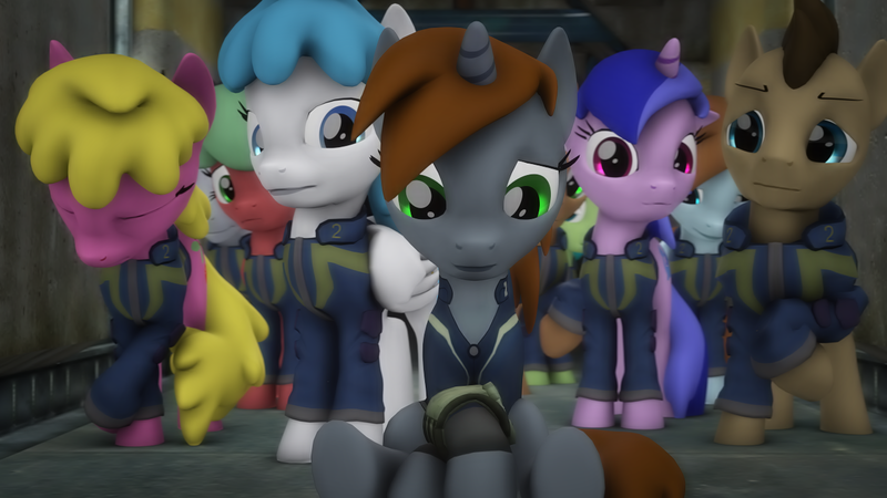 Size: 1280x720 | Tagged: safe, artist:redaceofspades, derpibooru import, blue buck, cherry berry, cinnamon swirl, deep blue, doctor whooves, green jewel, lightning bolt, lucky clover, sea swirl, seafoam, time turner, white lightning, oc, oc:littlepip, earth pony, pegasus, pony, unicorn, fallout equestria, fanfic, 3d, clothes, fanfic art, female, horn, mare, pipbuck, vault suit