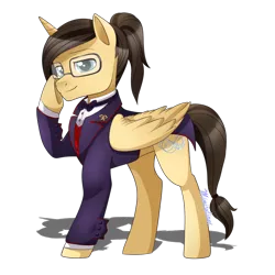 Size: 800x800 | Tagged: safe, artist:mimijuliane, derpibooru import, oc, oc:eternal light, unofficial characters only, alicorn, pony, alicorn oc, clothes, glasses, male, ponytail, simple background, solo, stallion, suit, transparent background