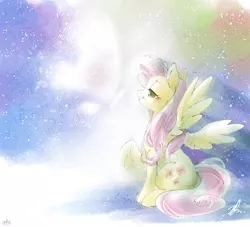 Size: 2200x2000 | Tagged: safe, artist:renokim, derpibooru import, fluttershy, pony, lidded eyes, profile, raised hoof, sitting, smiling, solo, spread wings, traditional art, watercolor painting