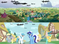 Size: 2048x1536 | Tagged: safe, artist:b1battledroid, derpibooru import, derpy hooves, lightning bolt, minuette, sunshower raindrops, white lightning, pony, crossover, invasion, ponyville, spaceship, star wars