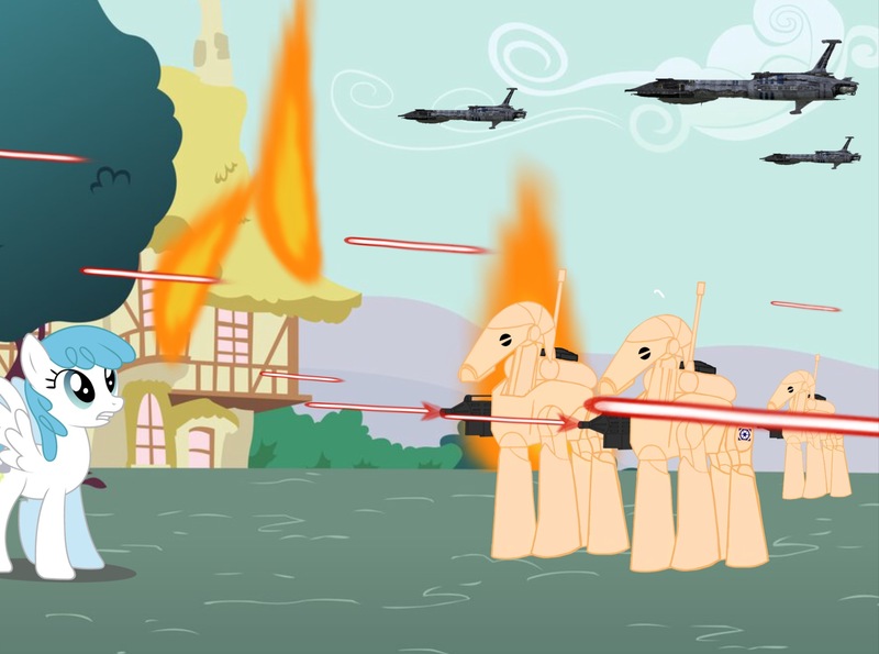 Size: 1947x1447 | Tagged: safe, artist:b1battledroid, derpibooru import, lightning bolt, white lightning, pony, attack, battle droids, crossover, fire, laser, ponyville, spaceship, star wars