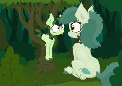 Size: 2169x1524 | Tagged: safe, artist:paskanaakka, derpibooru import, oc, oc:bittergreen, oc:sweetleaf, unofficial characters only, pony, bush, chest fluff, colored hooves, duo, ear fluff, fluffy, forest, freckles, nose wrinkle, scrunchy face, sisters, sitting, tail wrap, tongue out, tree, unshorn fetlocks