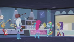 Size: 1280x720 | Tagged: safe, derpibooru import, screencap, applejack, pinkie pie, rainbow dash, rarity, trixie, vinyl scratch, equestria girls, guitar centered, rainbow rocks, amplifier, bass guitar, boots, bracelet, cable, cash register, clothes, compression shorts, cowboy boots, cowboy hat, denim skirt, double neck guitar, electric guitar, glasses, guitar, hat, headphones, high heel boots, hoodie, jacket, jewelry, musical instrument, ponied up, pony ears, ponytail, raised leg, rear view, skirt, stetson, sunglasses, tambourine, wings, wristband