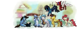 Size: 8150x3150 | Tagged: safe, artist:scarlett-letter, derpibooru import, oc, ponified, unofficial characters only, changedling, changeling, pegasus, pony, unicorn, absurd resolution, changeling oc, female, group, magic, male, mare, mordecai, regular show, stallion, typewriter