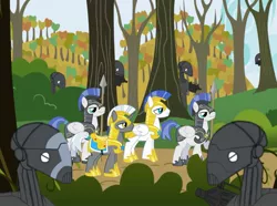 Size: 1691x1261 | Tagged: safe, artist:b1battledroid, derpibooru import, pegasus, pony, unicorn, ambush, battle droids, crossover, forest, guards, male, royal guard, shoes, sneakers, sneaking, sneaky, stallion, star wars, tree