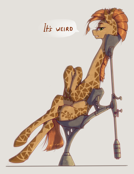 Size: 1536x2000 | Tagged: artist:madhotaru, chair, derpibooru import, dialogue, ergonomics, giraffe, gray background, oc, oc:twiggy, safe, simple background, solo, unofficial characters only