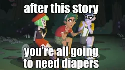 Size: 1366x768 | Tagged: safe, derpibooru import, edit, edited screencap, screencap, drama letter, microchips, timber spruce, watermelody, equestria girls, legend of everfree, background human, image macro, meme, scared, timber spruce's scary story