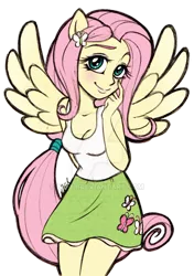 Size: 600x850 | Tagged: dead source, safe, artist:nt-88, derpibooru import, fluttershy, equestria girls, blushing, breasts, cleavage, clothes, cute, female, ponied up, ponytail, shyabetes, simple background, skirt, smiling, solo, tanktop, transparent background, watermark