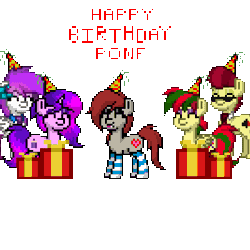Size: 400x400 | Tagged: safe, derpibooru import, oc, oc:attraction, oc:lavanda, oc:ponepony, unofficial characters only, pony, pony town, animated, birthday, clothes, gif, happy birthday, pixel art, simple background, socks, striped socks, transparent background
