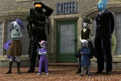 Size: 3000x2000 | Tagged: 3d, anthro, artist:tahublade7, chief and belle, coffee, derpibooru import, group, master chief, octavia melody, rarity, safe, silver spoon, sweetie belle