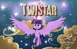 Size: 1500x970 | Tagged: safe, artist:midnightpremiere, derpibooru import, twilight sparkle, twilight sparkle (alicorn), alicorn, pony, closing logo, cloud, columbia, flying, smiling, solo, spread wings, stars, text, tristar, wings