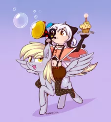 Size: 1948x2150 | Tagged: safe, artist:dsp2003, artist:lalieri, derpibooru import, derpy hooves, human, pegasus, pony, candle, cheese, crossover, female, food, gradient background, humans riding ponies, mare, muffin, nagisa momoe, open mouth, puella magi madoka magica, purple background, riding, simple background, soap bubble