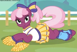 Size: 5050x3434 | Tagged: safe, artist:an-tonio, artist:brianblackberry, color edit, derpibooru import, edit, cheerilee, earth pony, pony, absurd resolution, bedroom eyes, bottomless, bow, cheeribetes, cheerileeder, cheerleader, clothes, colored, cute, female, fence, looking at you, mare, partial nudity, pleated skirt, ponytail, prone, skirt, skirt lift, solo