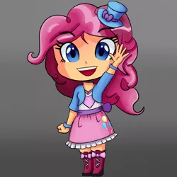 Size: 800x800 | Tagged: safe, artist:ssoldat, derpibooru import, pinkie pie, equestria girls, boots, bracelet, chibi, clothes, cute, diapinkes, equestria girls outfit, hat, human coloration, looking at you, moe, open mouth, skirt, solo, top hat, waving