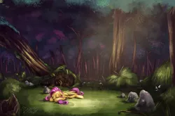 Size: 1680x1108 | Tagged: safe, artist:insanerobocat, derpibooru import, fluttershy, pegasus, pony, clearing, eyes closed, female, floppy ears, folded wings, forest, mare, prone, rock, scenery, signature, sleeping, solo, sunlight, tree