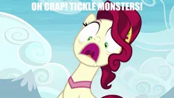 Size: 1191x670 | Tagged: safe, artist:leviarex, derpibooru import, edit, edited screencap, screencap, cherry jubilee, pony, party pooped, imminent tickles, implied tickling, meme, solo, terrified, this will end in laughs, this will end in tears, tickling